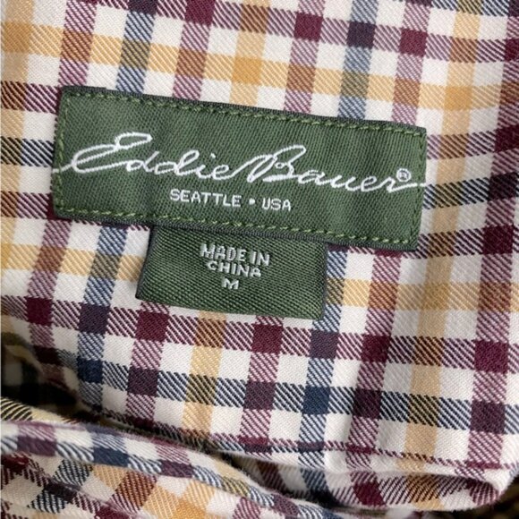 Eddie Bauer Yellow Burgundy Plaid Cotton Long Sleeve Relaxed Fit Button Up Top M - Picture 4 of 15